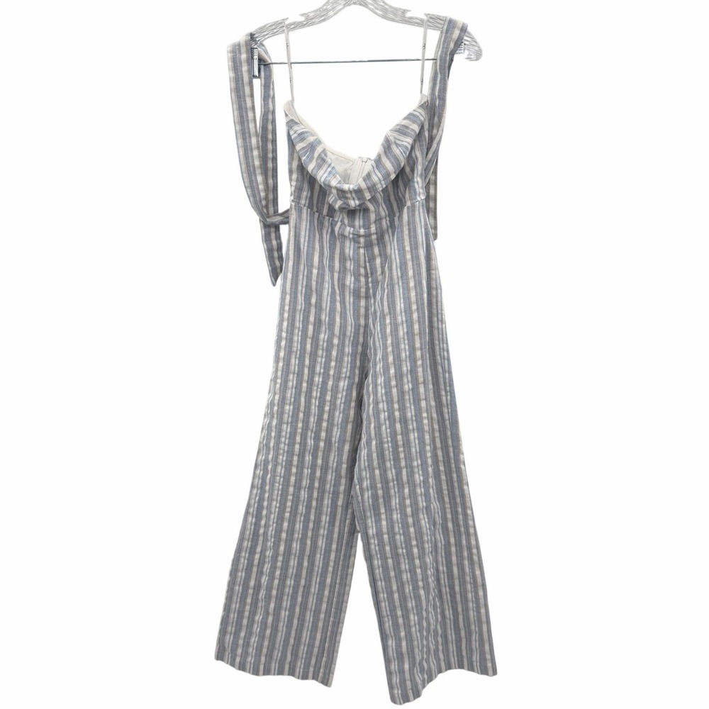 Lulus Striped Strapless Wide Leg Jumpsuit Tie Waist Linen Blend Small Prep Chic - Picture 12 of 12